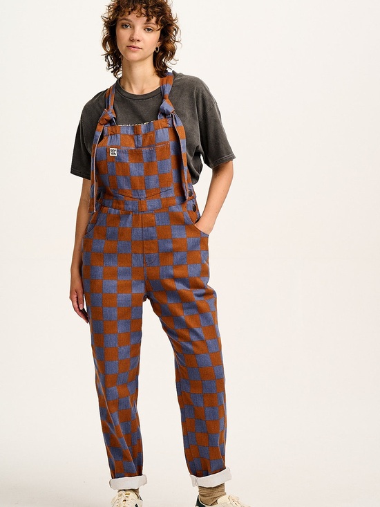 Lucy & Yak Pants - Lucy & Yak Checkerboard Tie-Strap Overalls - Blue & Brown
